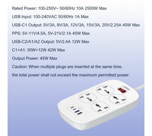 Удлинитель питания LDNIO 2500W / 4 розетки / 2 USB / 2 Type-C 45W (2m) SC4407c