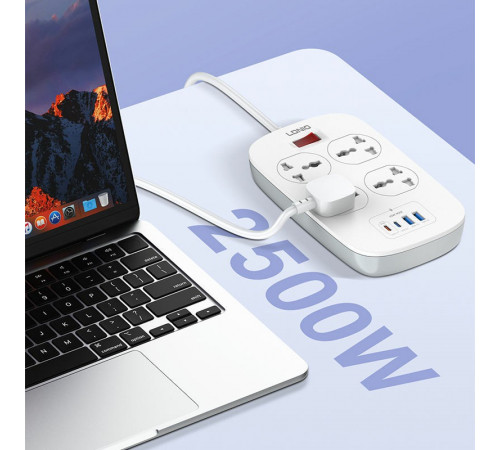 Удлинитель питания LDNIO 2500W / 4 розетки / 2 USB / 2 Type-C 45W (2m) SC4407c
