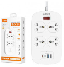 Удлинитель питания LDNIO 2500W / 4 розетки / 2 USB / 2 Type-C 45W (2m) SC4407c