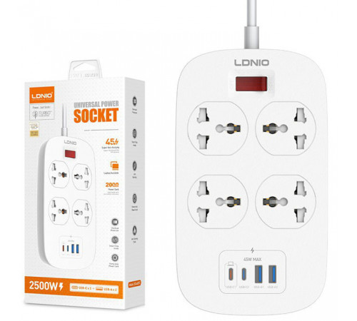 Удлинитель питания LDNIO 2500W / 4 розетки / 2 USB / 2 Type-C 45W (2m) SC4407c