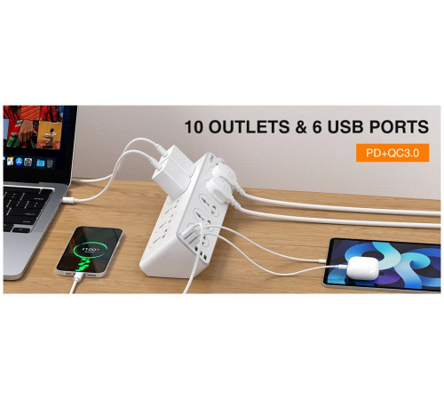 Удлинитель питания LDNIO с USB-портом, 2500W, 10 розеток, 6 USB 17W (2m) SC10610