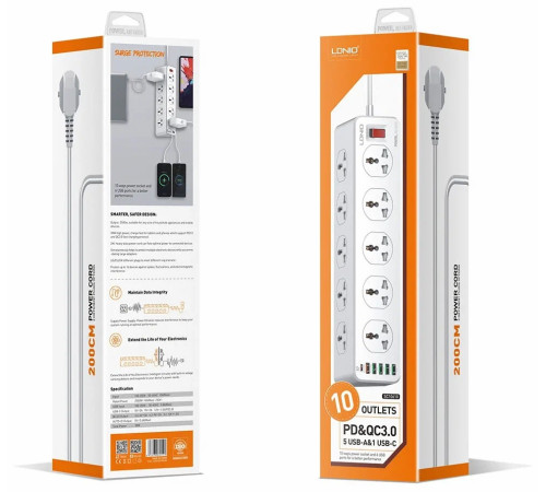 Удлинитель питания LDNIO с USB-портом, 2500W, 10 розеток, 6 USB 17W (2m) SC10610