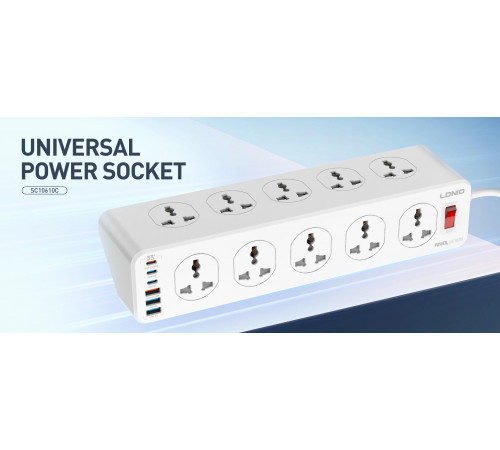 Удлинитель питания LDNIO 2500W / 10 розеток / 3 USB / 3 Type C / 33W (2m) SC10610c
