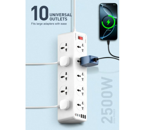 Удлинитель питания LDNIO 2500W / 10 розеток / 3 USB / 3 Type C / 33W (2m) SC10610c