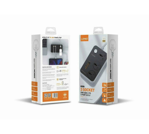 Удлинитель питания LDNIO 2500W / 3 розетки / 3 USB / Type C / 38W (2m) SC3412 BLACK