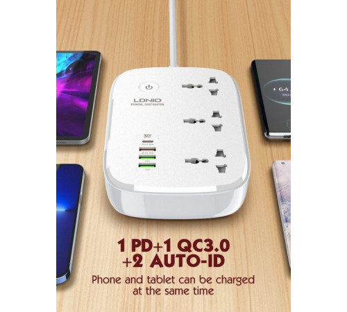 Удлинитель питания LDNIO 2500W / 3 SMART розетки / 3 USB / Type C / 30W (2m) SCW3451