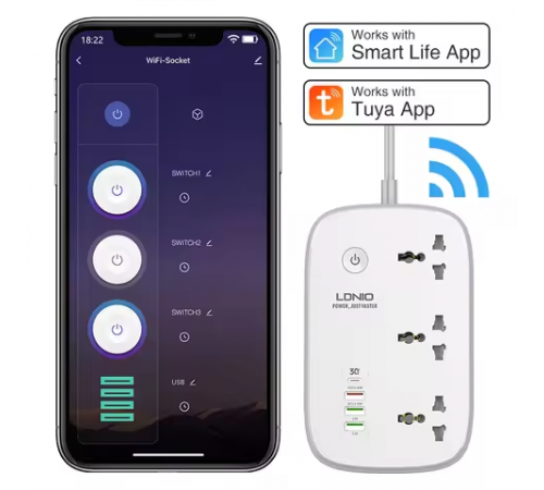 Удлинитель питания LDNIO 2500W / 3 SMART розетки / 3 USB / Type C / 30W (2m) SCW3451
