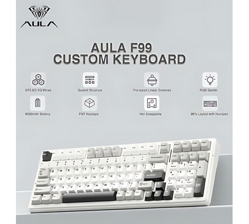 Клавиатура беспроводная механическая игровая AULA F99 AU-F99-18 WHITE-BLACK