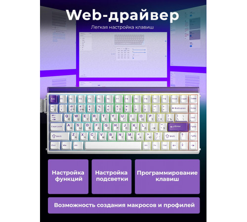 Клавиатура проводная магнитная игровая AULA HERO84HE WHITE-PURPLE Eng/Ru