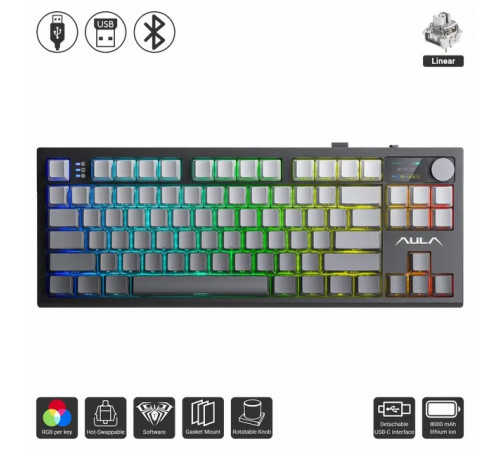 Клавиатура беспроводная механическая игровая AULA S87 PRO GRAY (side print)