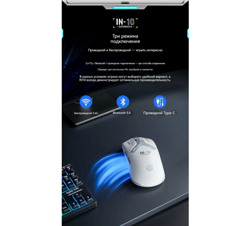 Мышь беспроводная игровая Inphic IN10 (Wired/BT/2.4Hz)