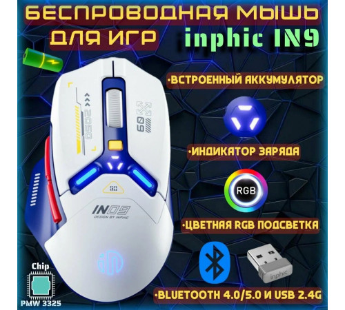 Мышь беспроводная игровая Inphic IN9 (Wired/BT/2.4Hz) White