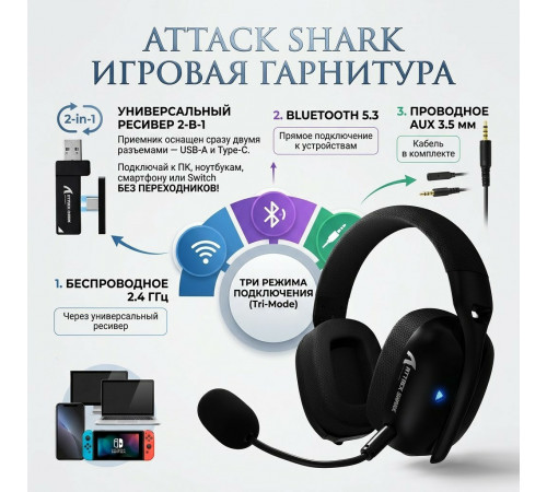 Наушники ПК беспроводные ATTACK SHARK L80 Pro BLACK